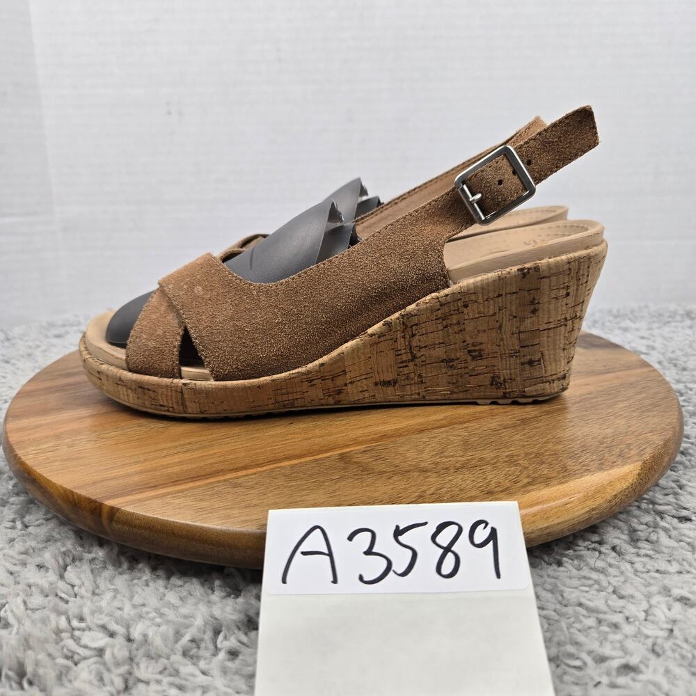 Crocs Women 9 A-Leigh Brown Leather Crossover Slingback Ankle Strap Wedge Sandal